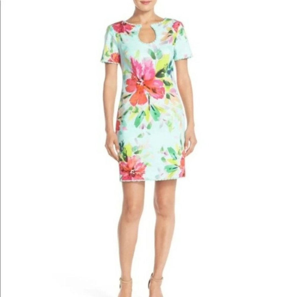 Trina Turk Size 10 Dress Rashida Floral Frayed Trim Short Sleeve